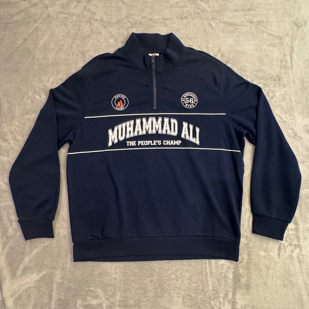 Muhammad Ali Quarter Zip Men's L Sweatshirt Navy Blue Boxing Graphic Pullover